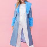 Blue Faux Leather Jacket with Detachable Faux Fur Cuffs and Collar