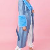 Blue Faux Leather Jacket with Detachable Faux Fur Cuffs and Collar