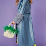 Blue Faux Leather Trench Coat with Detachable Faux Mongolian Collar and Cuffs