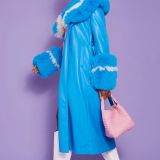 Blue Faux Leather Trench Coat with Faux Fur Collar