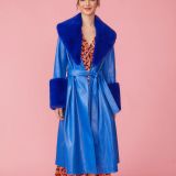 Blue Faux Leather Trench Coat with Faux Fur Collar and Cuffs