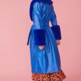 Blue Faux Leather Trench Coat with Faux Fur Collar and Cuffs