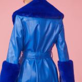 Blue Faux Leather Trench Coat with Faux Fur Collar and Cuffs