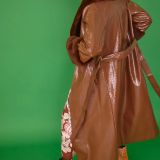 Chocolate Faux Leather Jacket with Detachable Faux Fur Cuffs and Collar