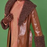 Chocolate Faux Leather Trench Coat with Faux Shearling Collar and Cuffs