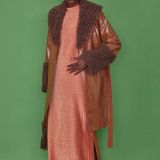 Chocolate Faux Leather Trench Coat with Faux Shearling Collar and Cuffs