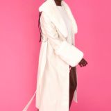 Cream Faux Leather Jacket with Detachable Faux Fur Cuffs and Collar