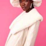 Cream Faux Leather Jacket with Detachable Faux Fur Cuffs and Collar