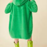 Green Faux Fur Sequins Trim Hooded Maxi Coat