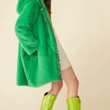 Green Faux Fur Sequins Trim Hooded Maxi Coat