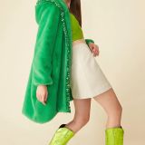Green Faux Fur Sequins Trim Hooded Maxi Coat