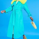Blue Eco Leather Faux Fur Collar Trench Coat