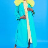 Blue Eco Leather Faux Fur Collar Trench Coat