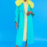 Blue Eco Leather Faux Fur Collar Trench Coat