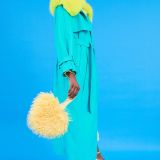 Blue Eco Leather Faux Fur Collar Trench Coat
