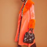 Orange Faux Suede Trench Coat with Faux Fur Collar and Cuffs