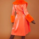 Orange Faux Suede Trench Coat with Faux Fur Collar and Cuffs