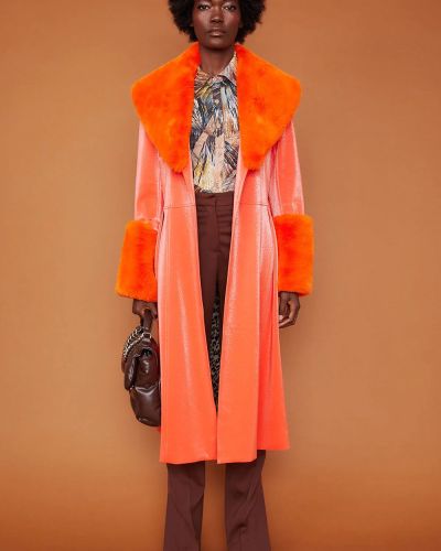 Orange Faux Suede Trench Coat with Faux Fur Collar and Cuffs