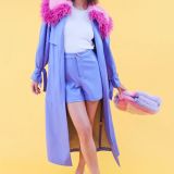 Purple Faux Leather Trench Coat with Faux Fur Collar