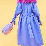 Purple Faux Leather Trench Coat with Faux Fur Collar