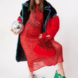 Red Faux Fur Coat with Sequin Trim