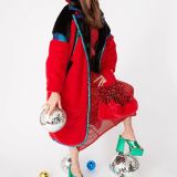 Red Faux Fur Coat with Sequin Trim