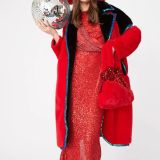 Red Faux Fur Coat with Sequin Trim