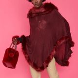 Red Faux Fur Pom-Pom Drawstring Bucket Bag