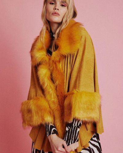 Yellow Faux Fur Suede Cape Jacket
