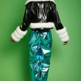 Black White Faux Leather Faux Fur Biker Jacket