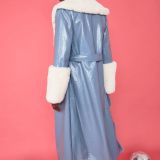 Blue White Faux Leather Jacket with Detachable Faux Fur Cuffs and Collar