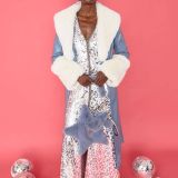 Blue White Faux Leather Jacket with Detachable Faux Fur Cuffs and Collar