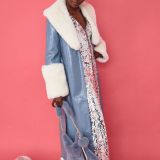Blue White Faux Leather Jacket with Detachable Faux Fur Cuffs and Collar