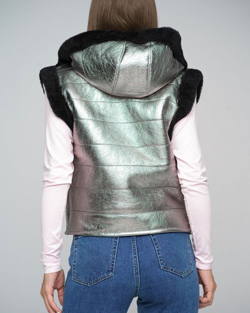 Metallic Silver Merino Shearling Hooded Vest