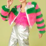 Striped Pink Faux Fur Cropped Bomber Jacket