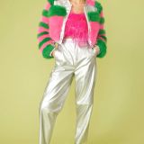 Striped Pink Faux Fur Cropped Bomber Jacket