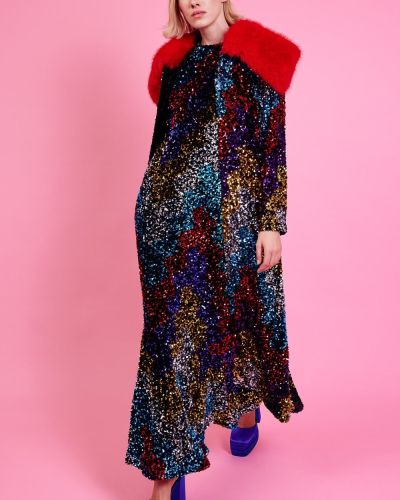 Black Sequin Velvet Trench Coat with Red Faux Fur Collar