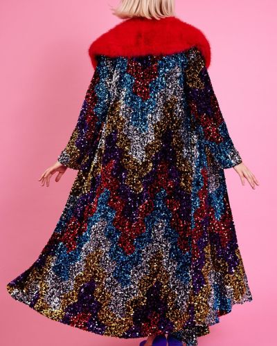 Black Sequin Velvet Trench Coat with Red Faux Fur Collar