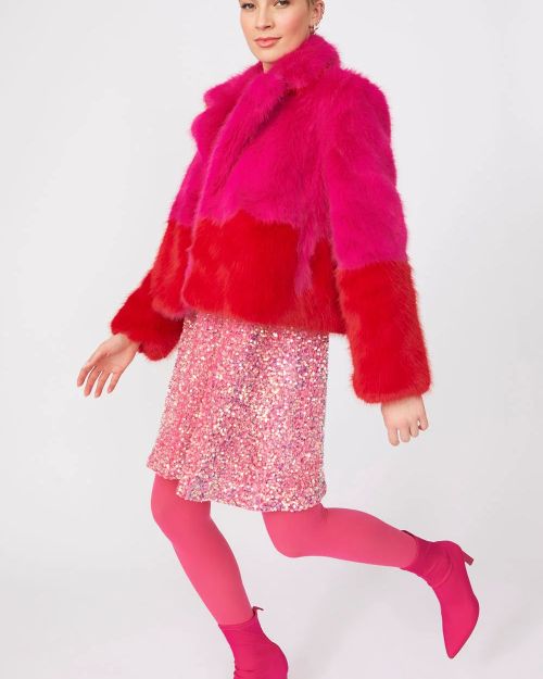 Pink Red Bamboo Faux Fur Double Cropped Coat