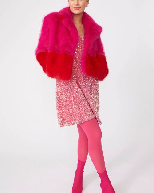 Pink Red Bamboo Faux Fur Double Cropped Coat