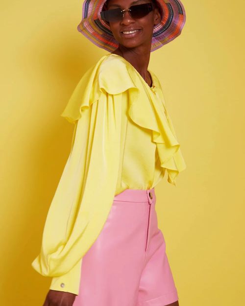 Yellow Silk Blend Ruffle Shirt
