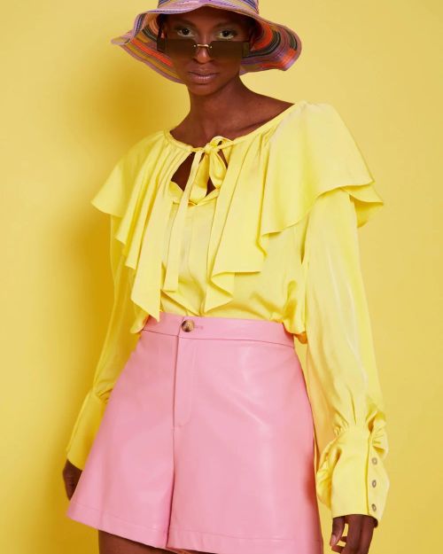 Yellow Silk Blend Ruffle Shirt